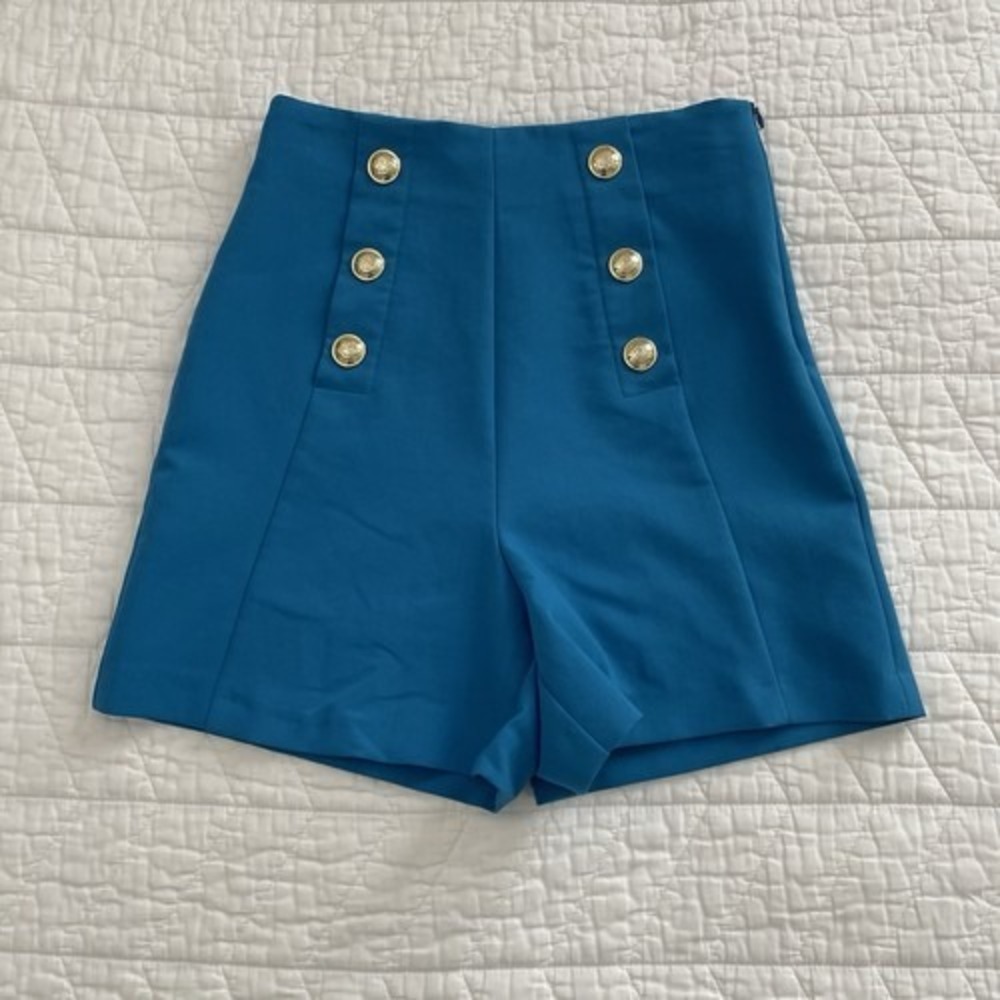 Women's ZARA High Rise Sailor Shorts Blue XS Gold Button Front Pockets Stretch